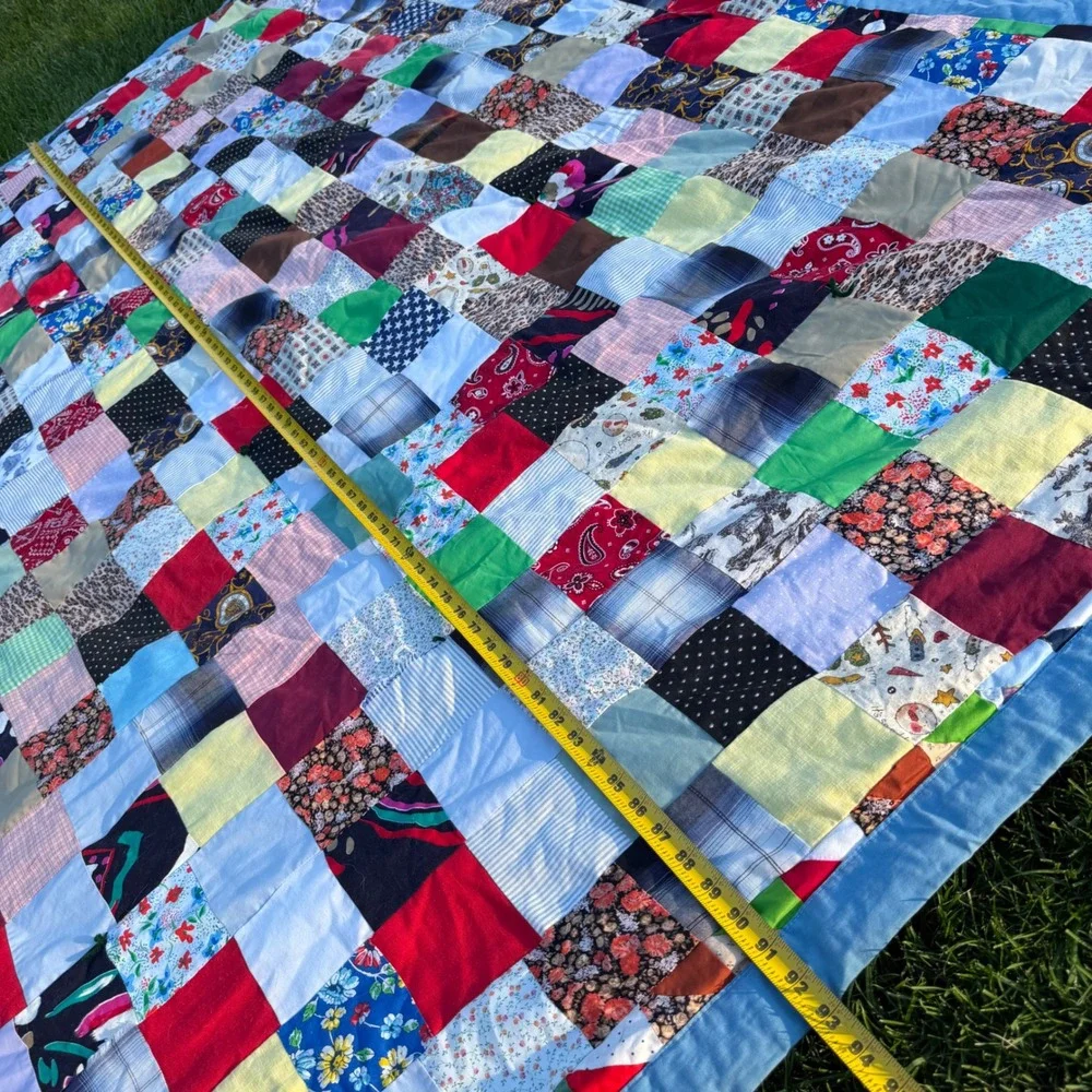 Handmade Patchwork Quilt Vintage Scrapyard Multi Color Blue Border 94x75 Throw